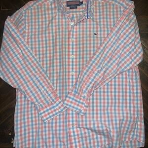Vineyard Vines Men's Casual Pink and Blue Plaid Shirt